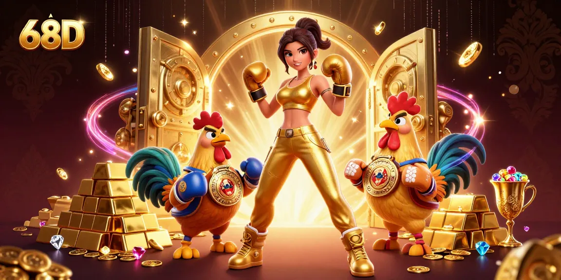 Experience the excitement of 68D with a powerful female character and cartoon rooster in a vibrant casino