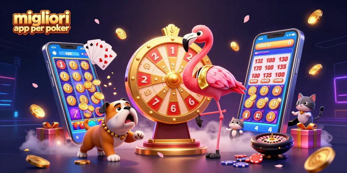 Migliori app per poker: immagine dinamica con un presentatore in giacca d’oro e un bulldog festoso.