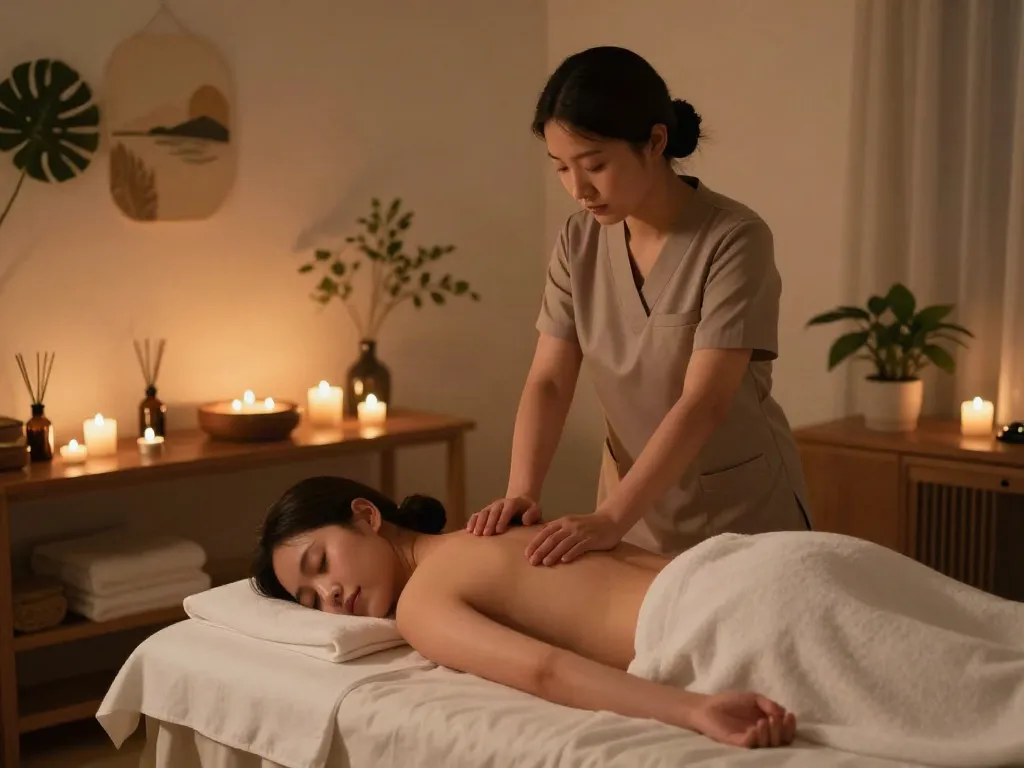 군포출장마사지 service being provided in a serene home environment with calming ambiance.