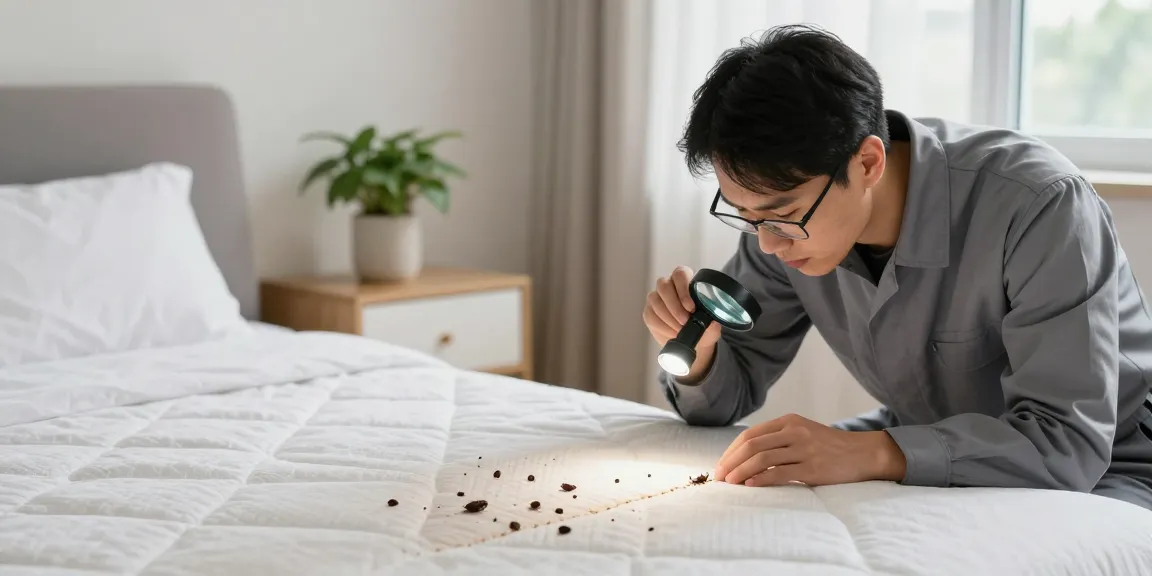 Professional inspecting mattress for bed bug pest control signs in a bright bedroom.