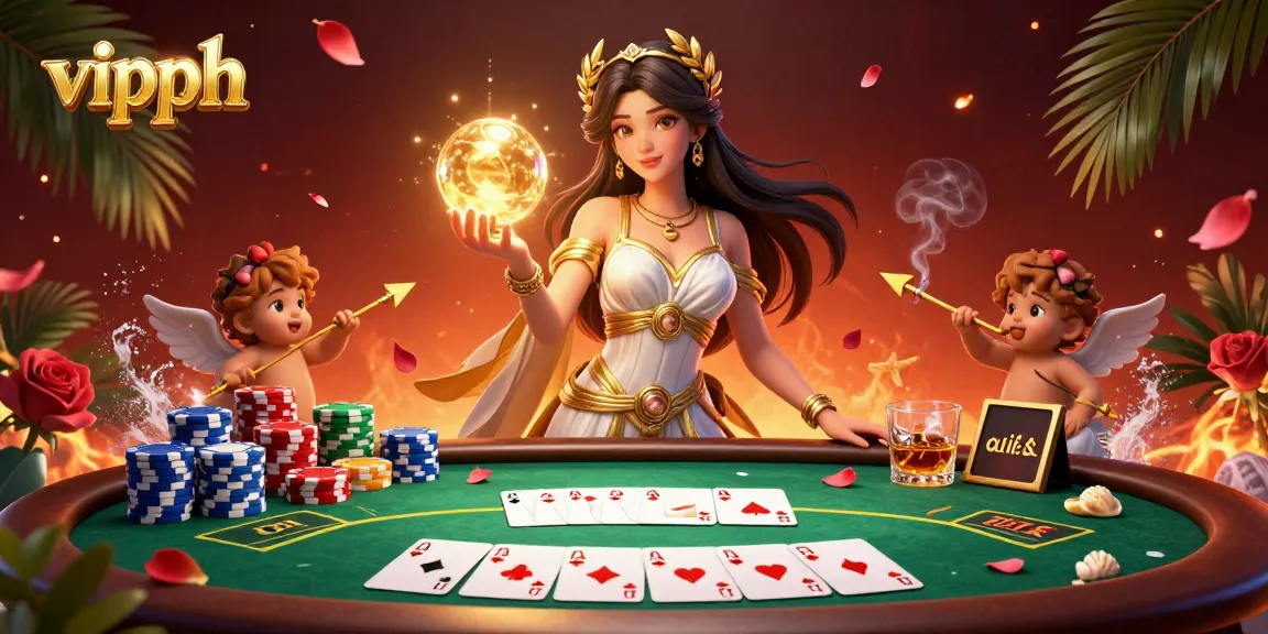 Engage with the vibrant vipph casino experience in a dazzling 3D illustration featuring a goddess and Cupid cherubs.
