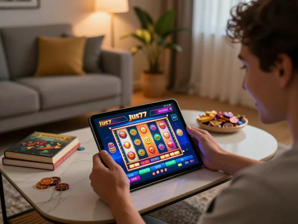 Engaging with jus77 online slots on tablet while enjoying a cozy home atmosphere