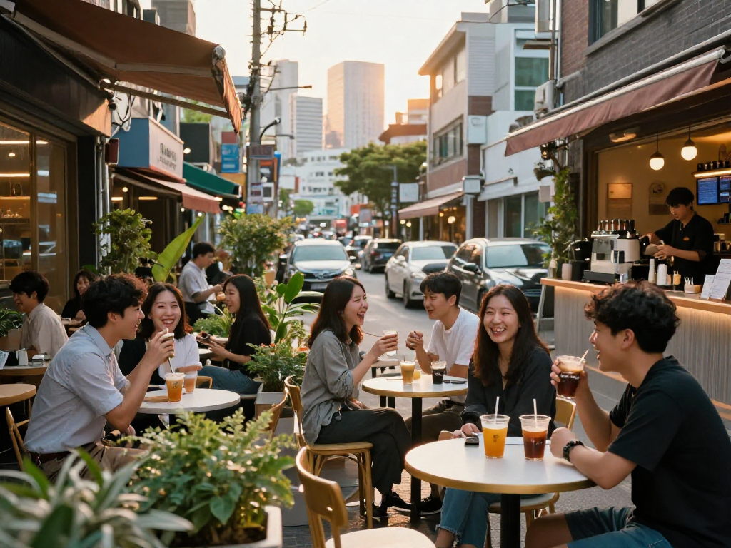강남쩜오 멀리건에서 친구들과 즐거운 시간을 보내는 모습으로, 현대적인 카페 분위기를 담고 있습니다.