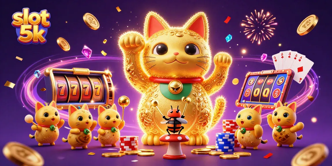 Engage with slot 5k excitement, showcasing a giant lucky cat and vibrant casino elements.