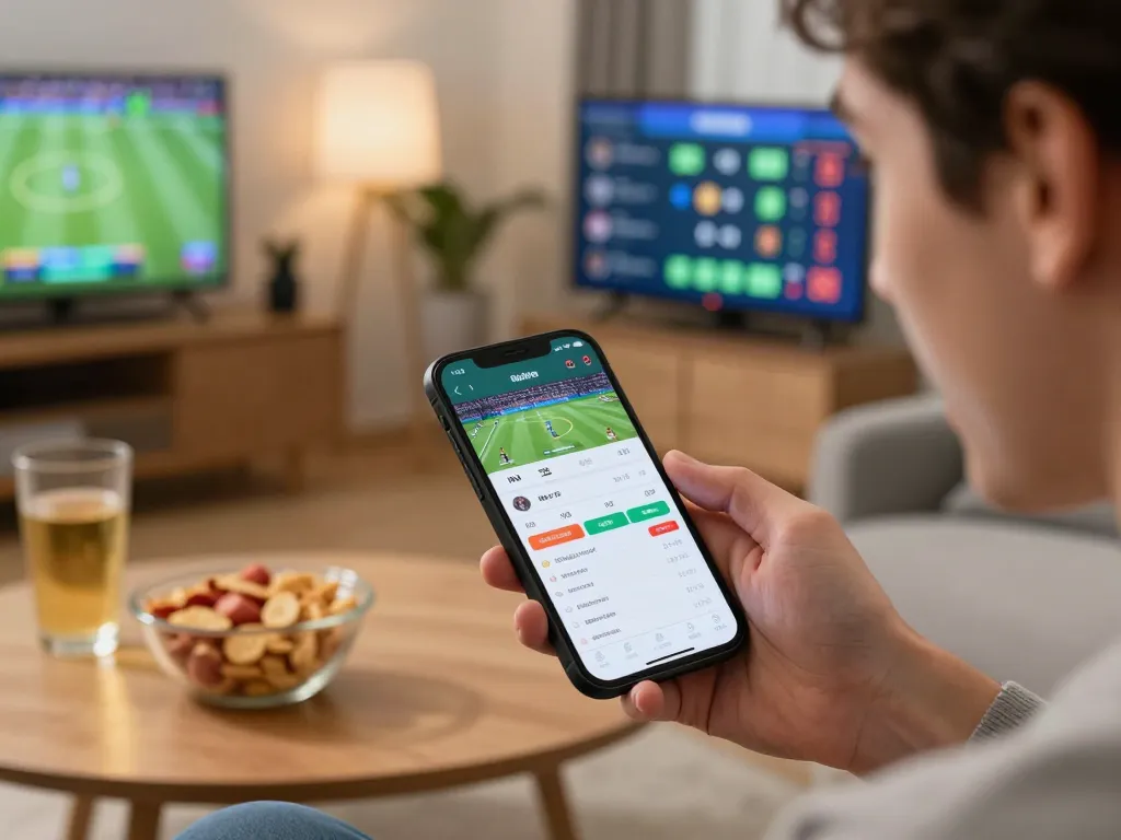 Person engaging in online sports betting with 23win com app on smartphone, cozy home setting.
