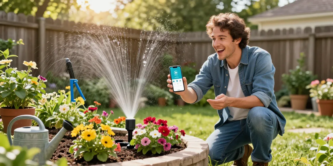 Enthusiastic homeowner setting up the rainpoint sprinkler timer in a lush garden, showcasing smart irrigation for vibrant flower beds.