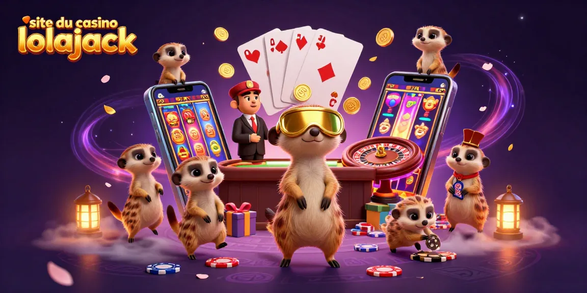 Jouez sur le site du casino lolajack avec des meerkats gérant un casino rempli de jeux et de jetons.