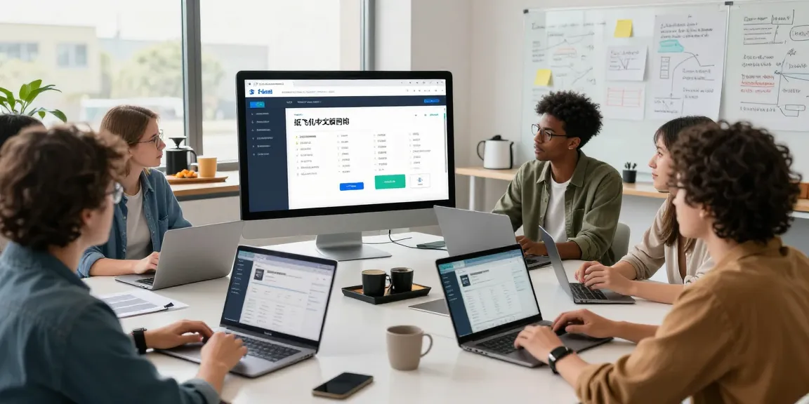 Team collaborating on 纸飞机中文版官网 interface in a modern tech workspace