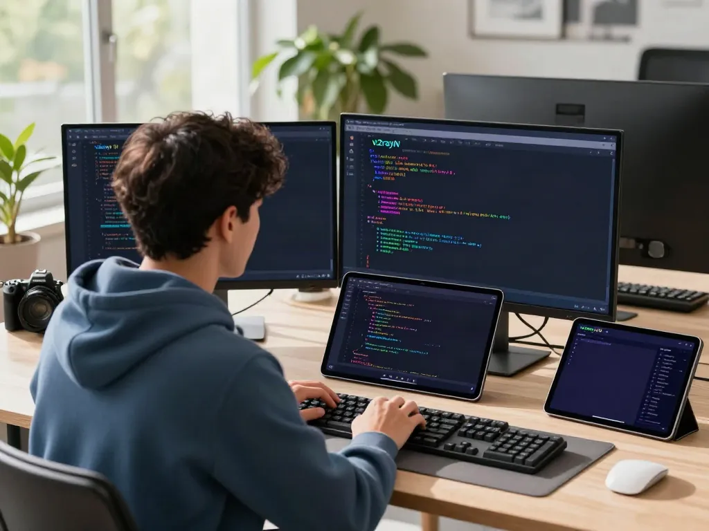 Developer working on v2rayN application in a modern tech workspace.
