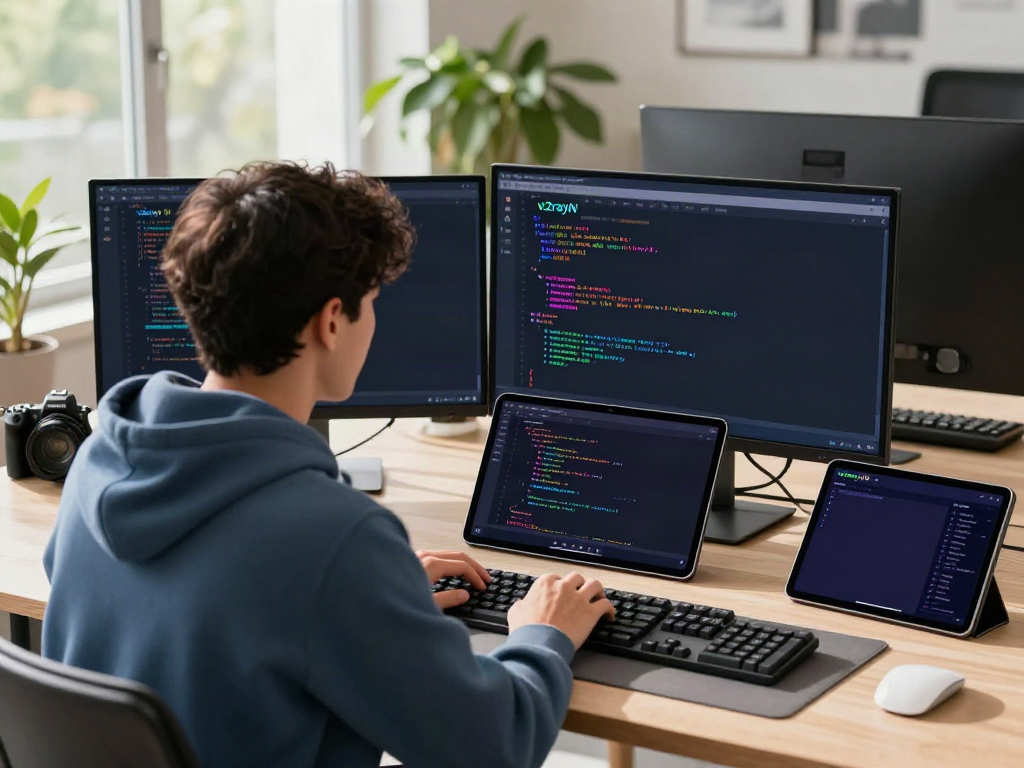 Developer working on v2rayN application in a modern tech workspace.
