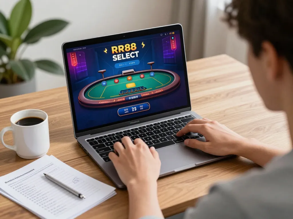 Engaging online gaming scene with RR88 SELECT on the laptop, showcasing live dealer action.