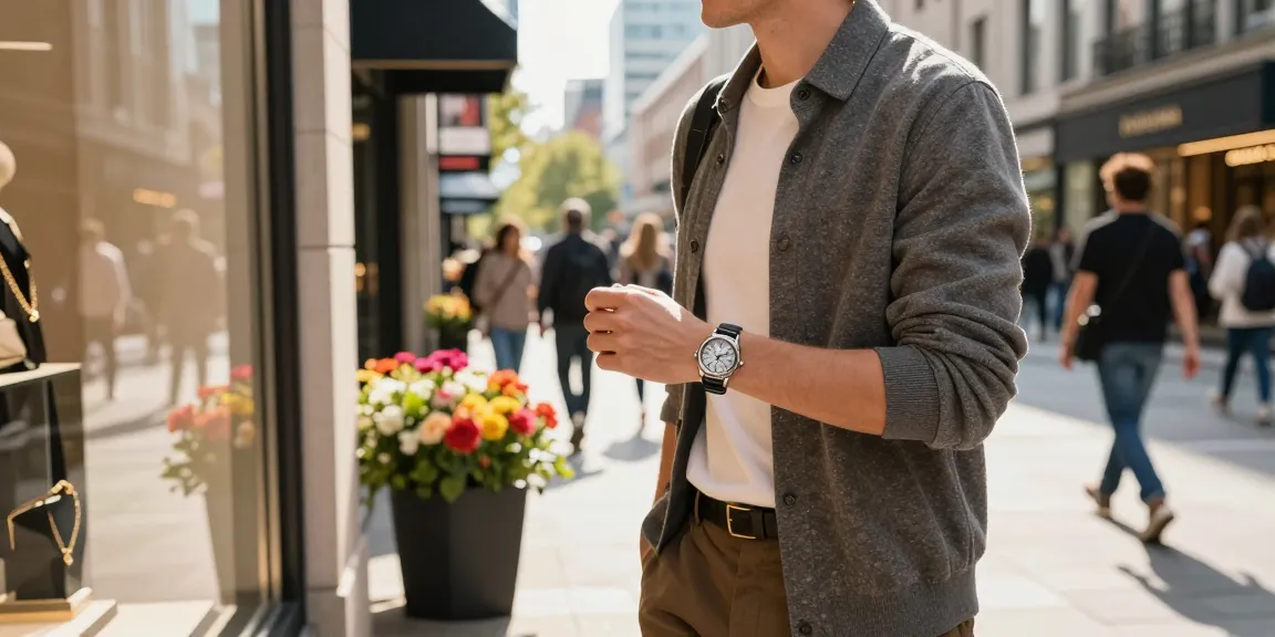 Fashionable individual wearing a premium clone watch in an urban setting, showcasing luxury style.