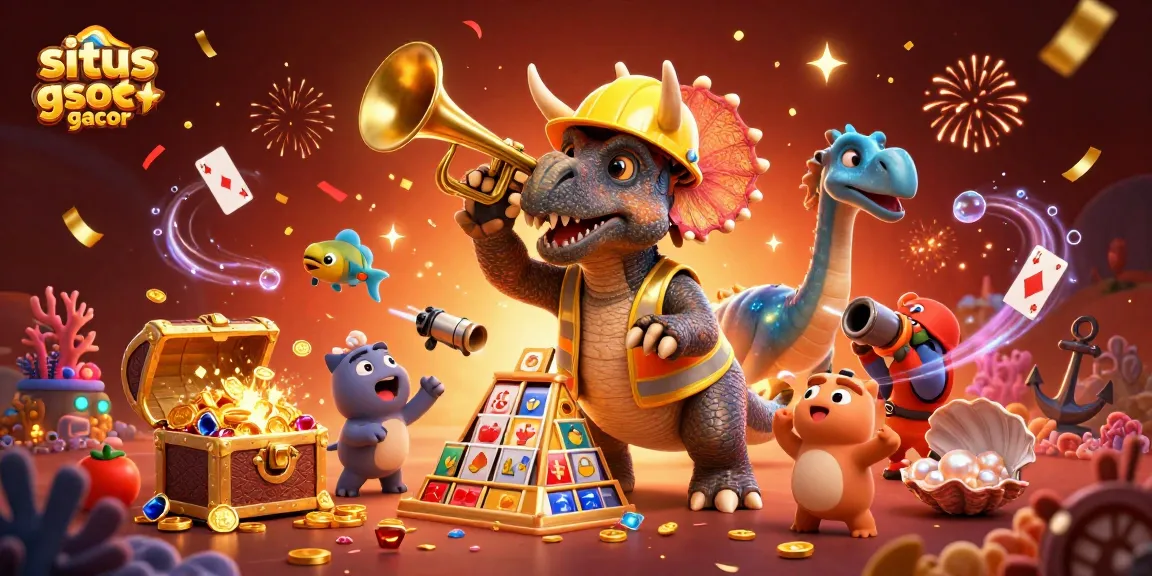 Exciting scene featuring triceratops building a slot reel pyramid for situs slot gacor with underwater treasures.