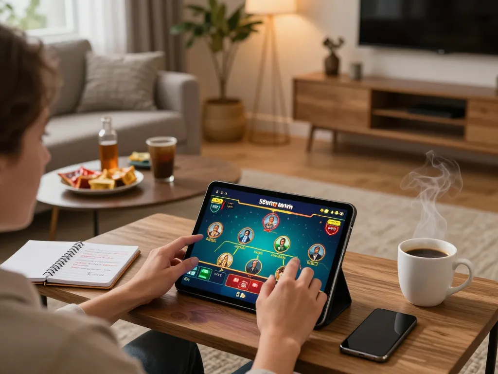 Player engaging with the 58win casino app on a tablet in a cozy home setup, emphasizing strategic online gaming.