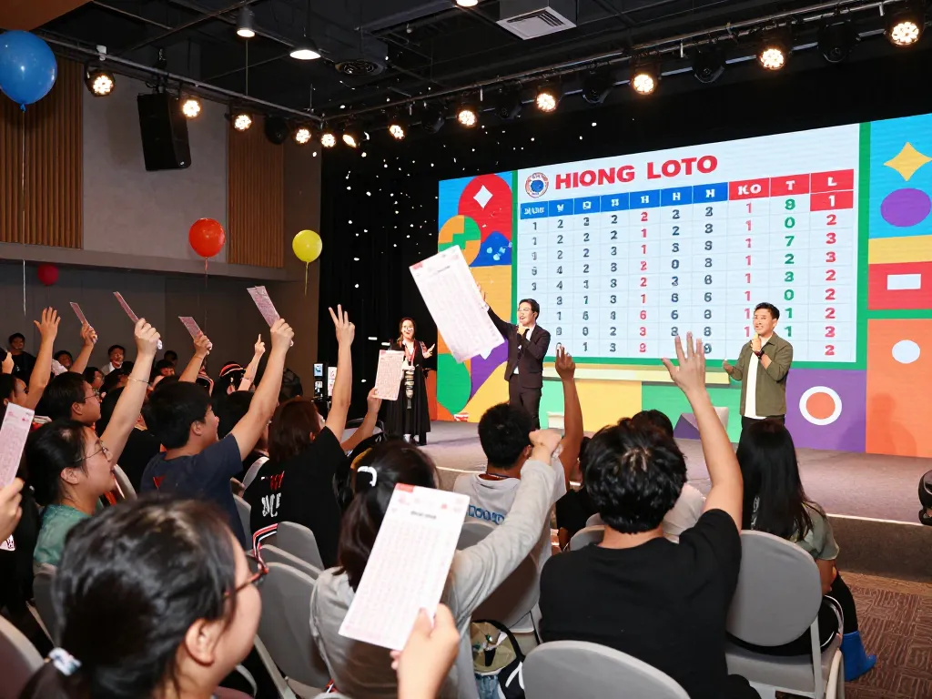 Exciting moment at Hongkong Lotto live draw with cheering crowd and displayed results.