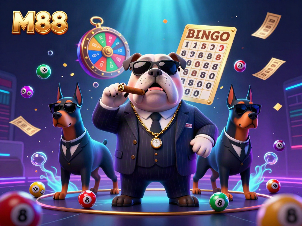 M88 themed illustration featuring a mafia bulldog and Doberman bodyguards amidst lively casino elements.