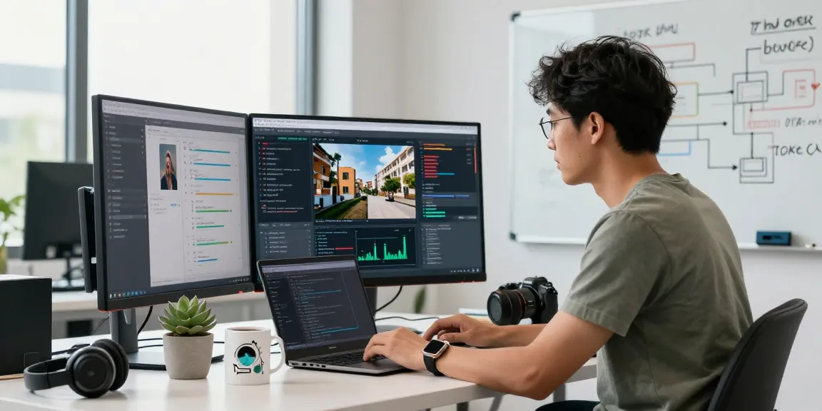 AI image detector analysis in a modern workspace with a data scientist reviewing results on a high-resolution monitor.