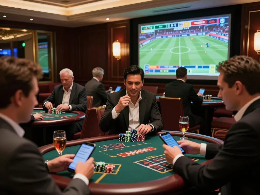 Engaging scene of vaobet users placing bets in a luxurious sports betting room, showcasing thrilling atmosphere