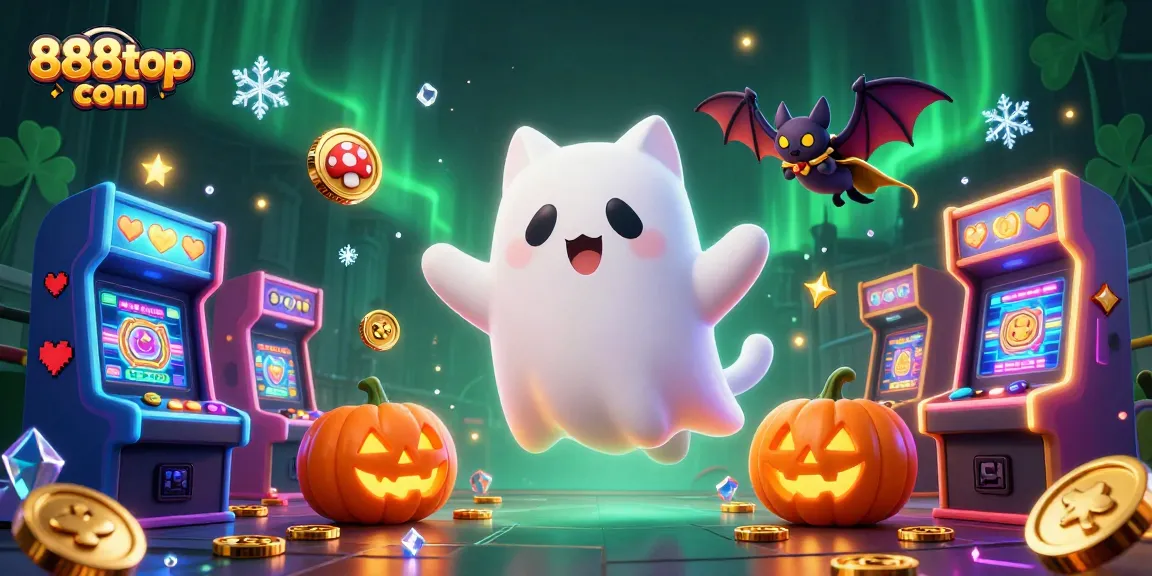 Engage in thrilling gaming at 888top com with a lively scene featuring a ghost cat and friends in a vibrant casino.