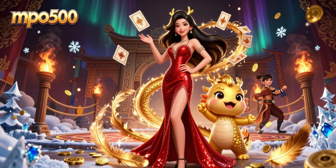 Join the fun at mpo500 with a stunning casino scene featuring a glamorous woman and golden dragon.