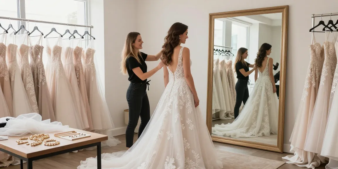 Consulenza di bridal styling con stylist che assiste alla prova di abito da sposa in studio luminoso.