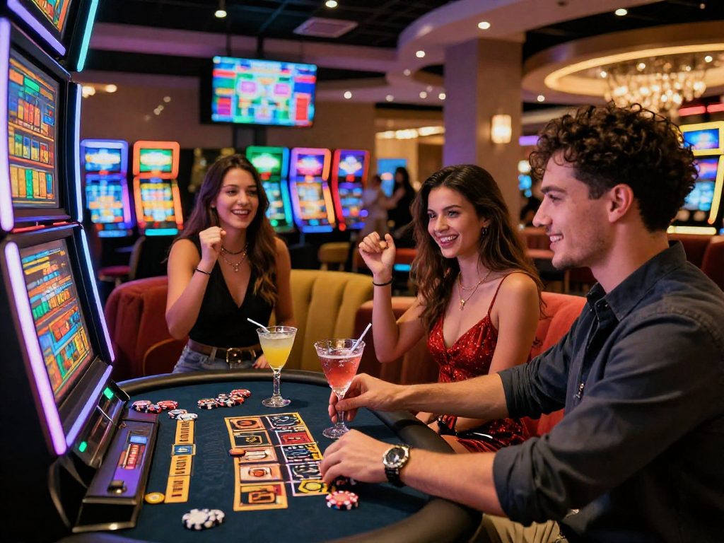 Engaging scene of friends celebrating at US online casinos at selfeducatedamerican.com, showcasing a vibrant and lively casino atmosphere.