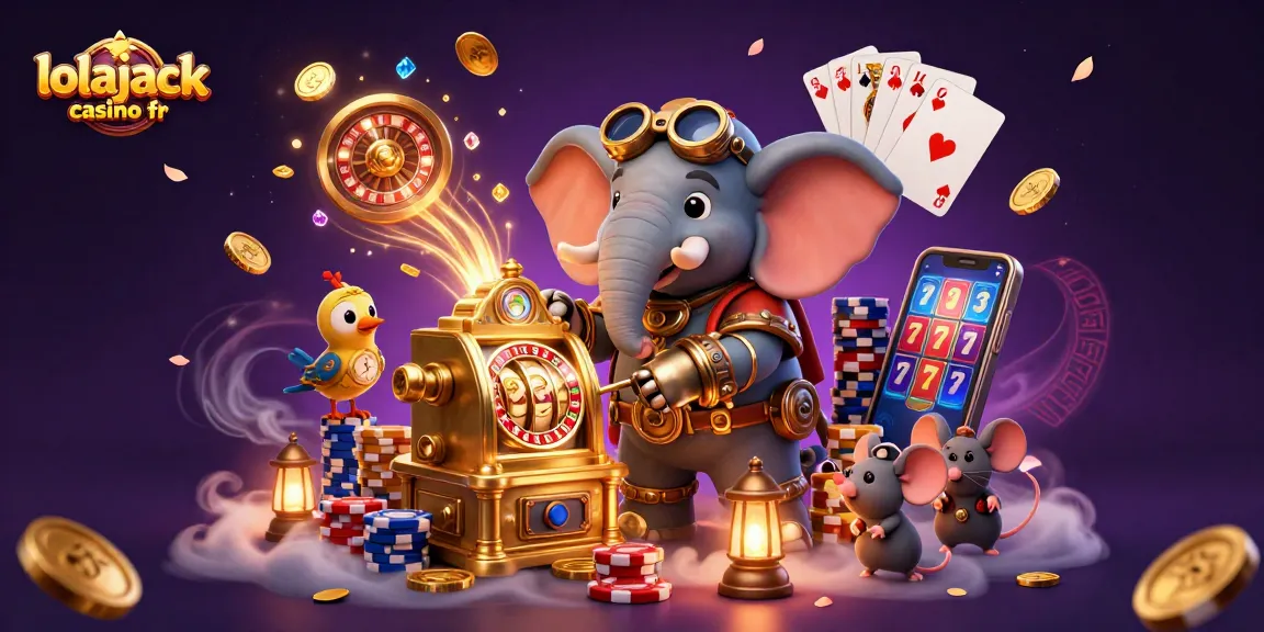 Jouez au lolajack casino fr avec une machine à sous dorée, entouré de jackpots pétillants.