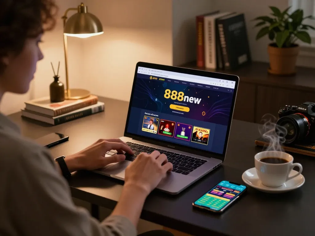 Engaging user enjoying 888new online gambling platform on a modern home desk.