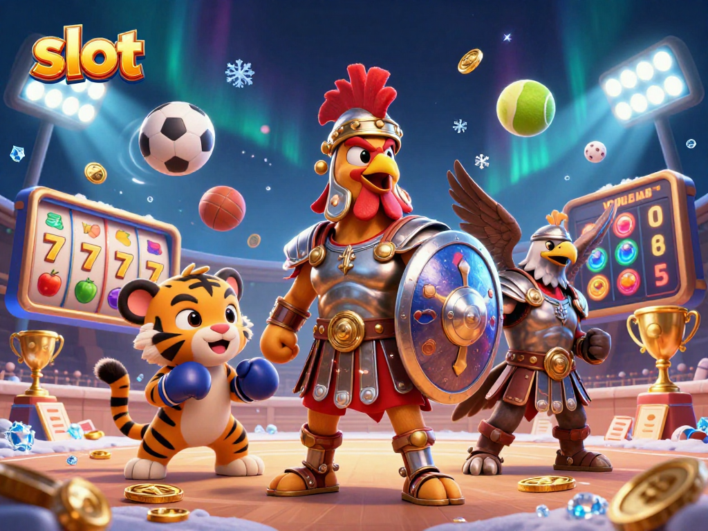 Spin the slot reels with energetic gladiator rooster characters in a dynamic 3D casino scene.