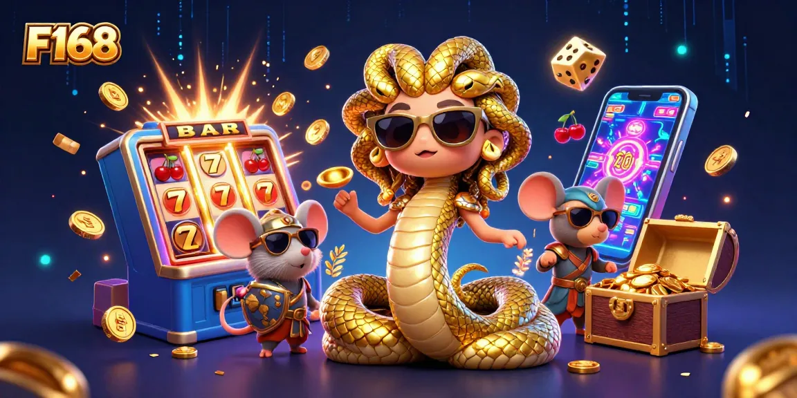Engage with F168's vibrant casino scene featuring Medusa and golden jackpot elements.