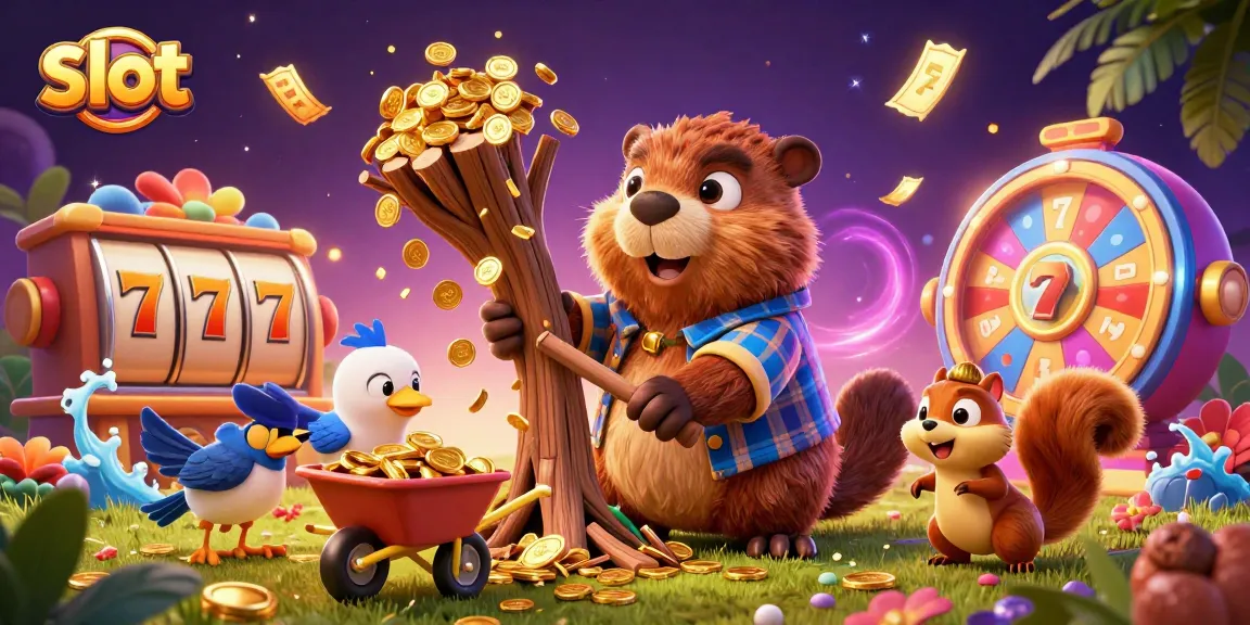 Slot yang menarik dengan karakter berang-berang memotong pohon emas di BMWSLOT88, mengumpulkan jackpot dalam permainan slot.