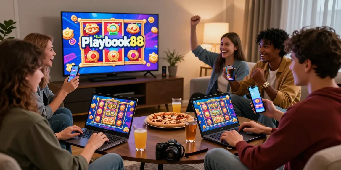 Playbook88 gaming scene with friends celebrating wins while enjoying online slots.