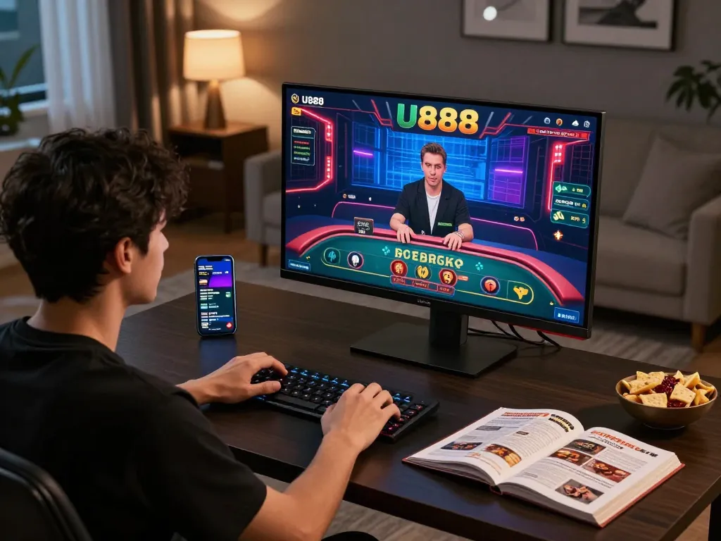 Engaged player enjoying U888 online casino games on a stylish setup with a live dealer.