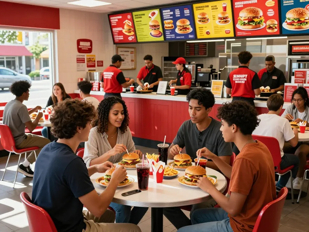 Group of friends enjoying meals emphasizes fast food prices and vibrant dining atmosphere.