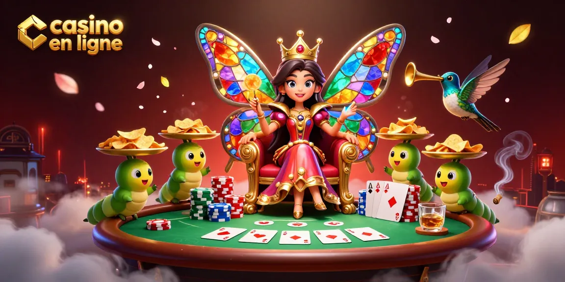 Jouez au casino en ligne avec la reine papillon et des croupiers, ambiance festive et jeux de cartes.