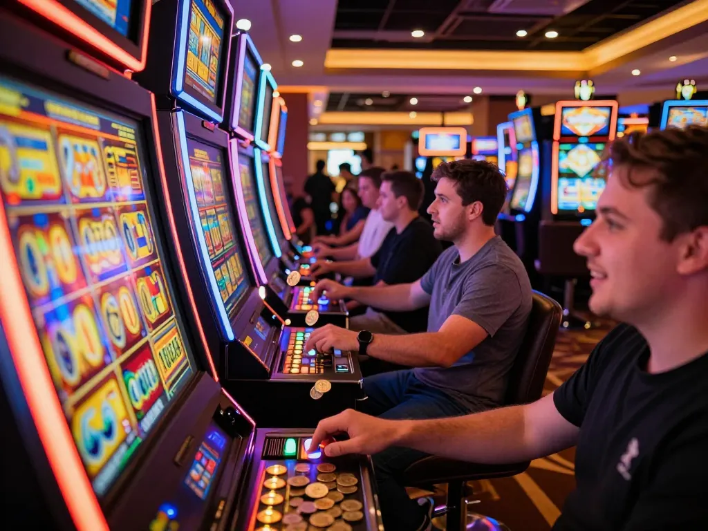 Engaging with slot77 games at a vibrant casino slot machine area, capturing the excitement of spinning reels.