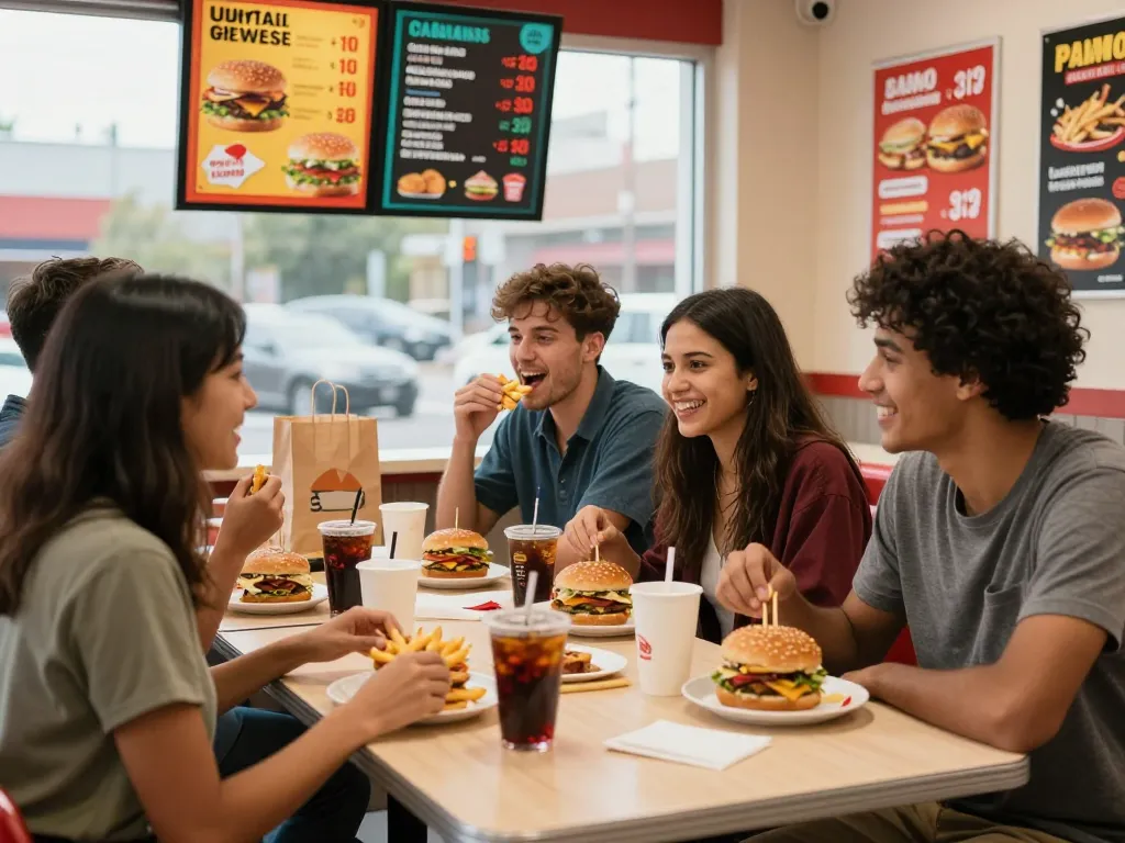 Group of friends enjoying fast food prices at a restaurant table filled with burgers and fries.