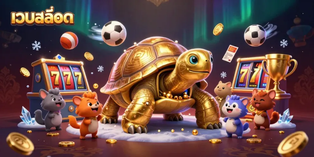 Engage with เว็บสล็อต featuring a colossal golden tortoise pinball machine, capturing the excitement of slot games.
