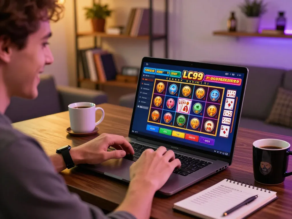 Engaging moment of a player immersed in LC99 online gaming session at home, showcasing strategic interaction on laptop.