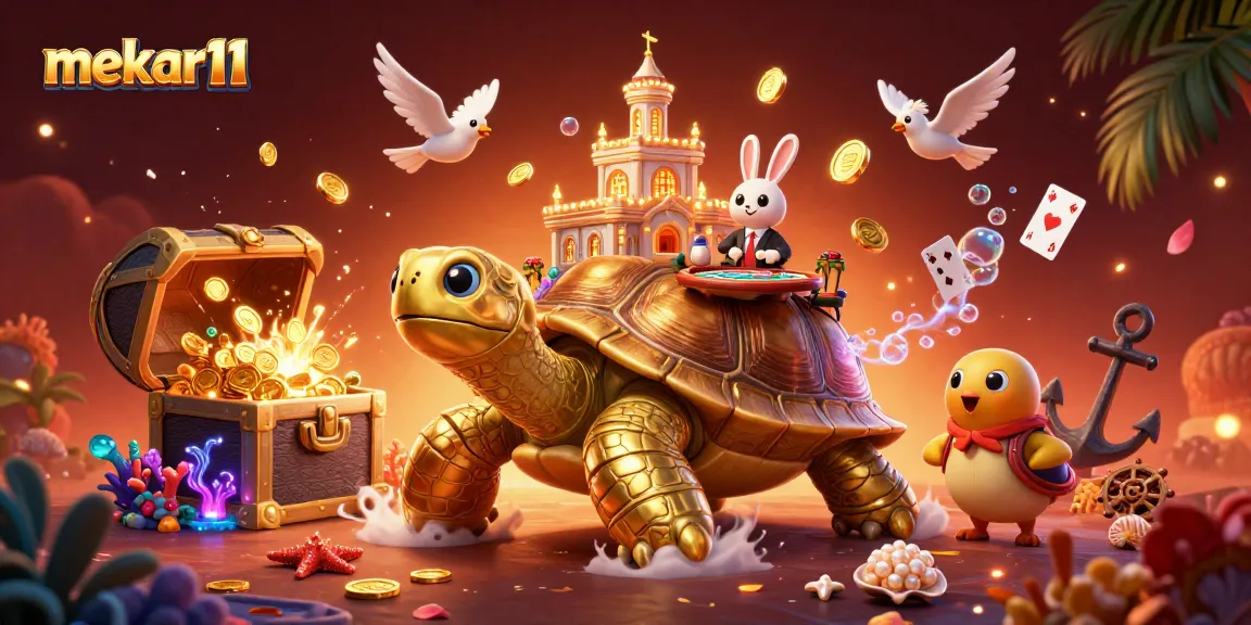 Mekar11 engages players with vibrant cartoon-style casino gaming illustration featuring a dazzling tortoise and rabbit dealer.