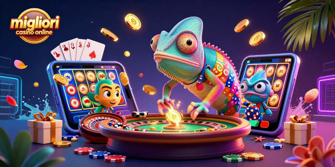 I migliori casino online presentano un camaleonte da casinò gigante circondato da giochi e premi.