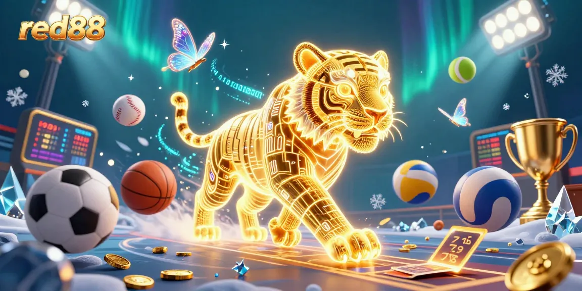 Engage with red88’s vibrant digital casino experience, featuring a golden tiger among dynamic sports elements.
