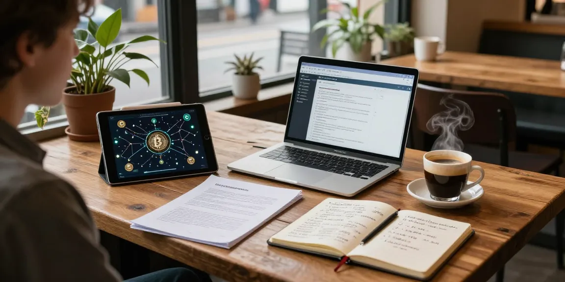 Cloud mining crypto study in a coffee shop with blockchain project documentation and visualizations, focusing on innovative a learning atmosphere.