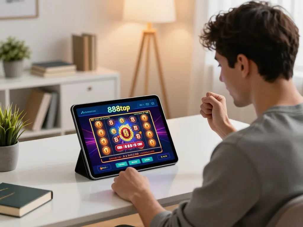 Excited user engaging with 888top app for online gaming in a cozy home office setting.