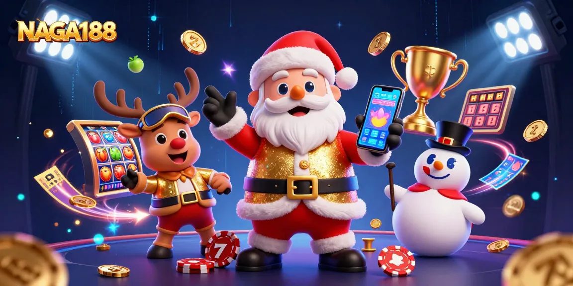 NAGA188 menyajikan permainan slot dengan karakter Santa dan teman-teman dalam suasana kasino ceria.