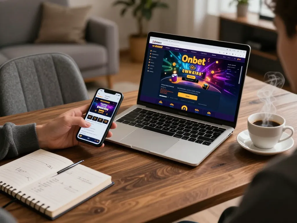 Engaging online gaming setup with Onbet interface displayed, promoting responsible gambling strategies.