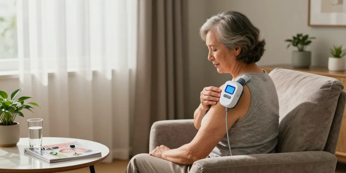 TENS止痛機 being used by an elderly person in a calming home environment for pain relief.