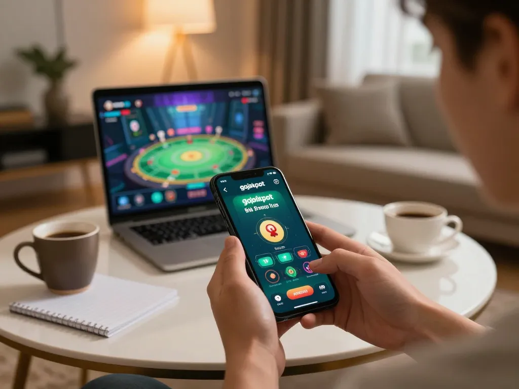Engaging in gojekpot online gaming on smartphone in a stylish home setup