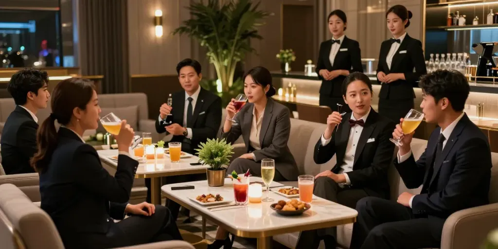 강남타이밍 고급 유흥업소의 우아한 내부와 즐거운 고객 모습