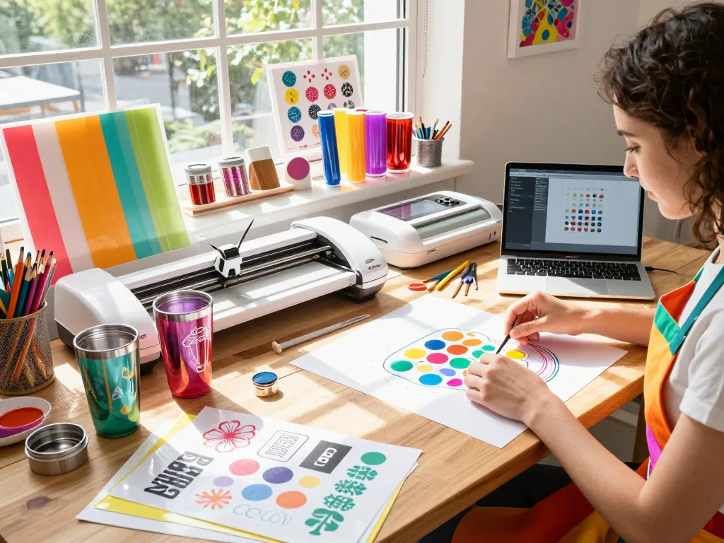 Crafting designer exploring svg bundle designs with vibrant tumblers in a creative workspace.